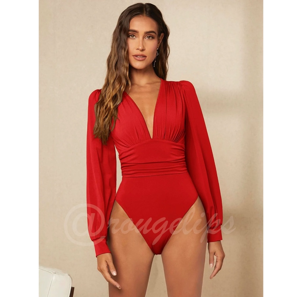 Red Elegant V neck Bodysuit Long Bishop Sleeves Stretchy Ruched Waist - Picture 4 of 10